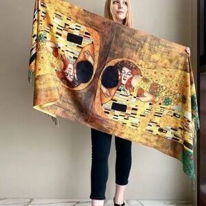Gold Art Print Wrap Scarf - Women's Fashion Accessory